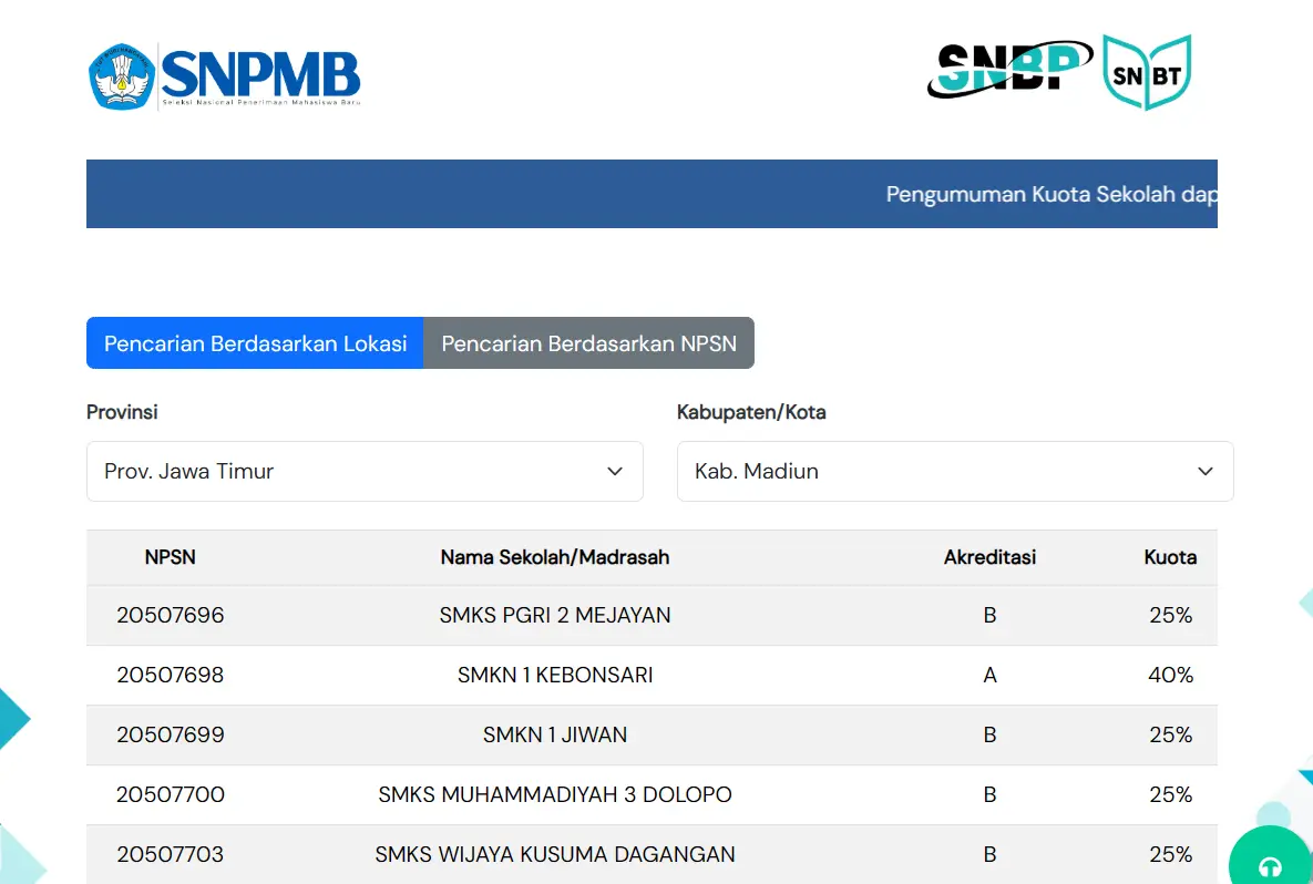 Kuota Sekolah via Lokasi Sekolah